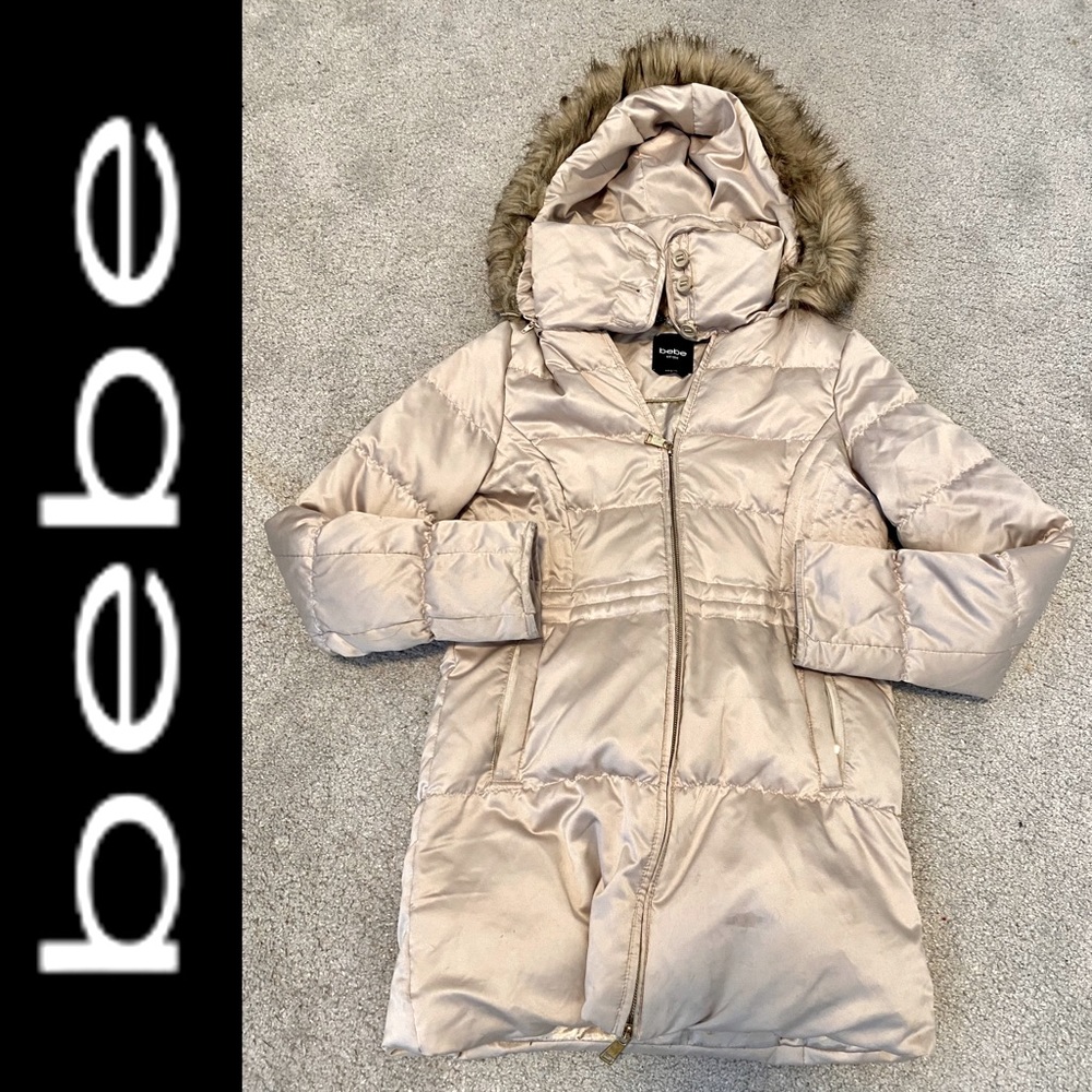 BEBE PUFFER COAT HOODIE GOLD CHAMPAGNE CREAM FUR TRIM POCKETS MIDI